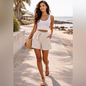 Oui Striped Linen Blend Shorts Belted High Rise Neutral Size 10 Minamalist